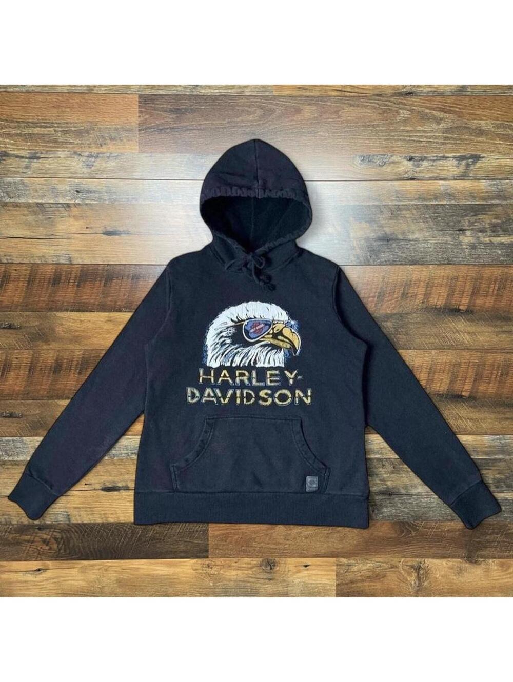 Vintage Harley Davidson Black Hoodie Eagle with Sunglasses Size M.
